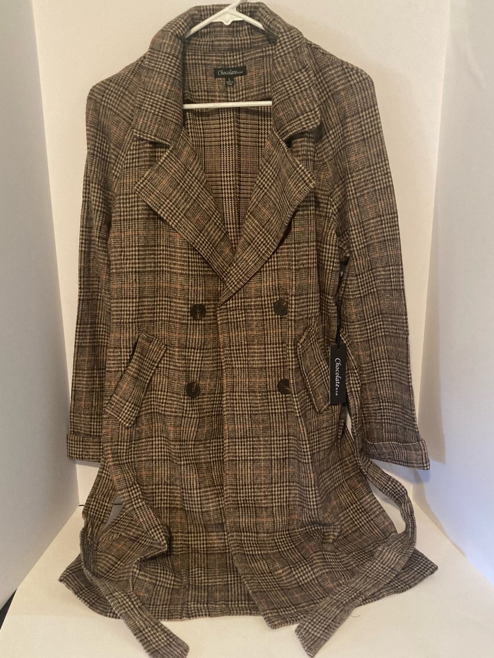 NWT - CHOCOLATE USA - Brown Plaid Double-Breasted Belted Trench Coat - Sz Large